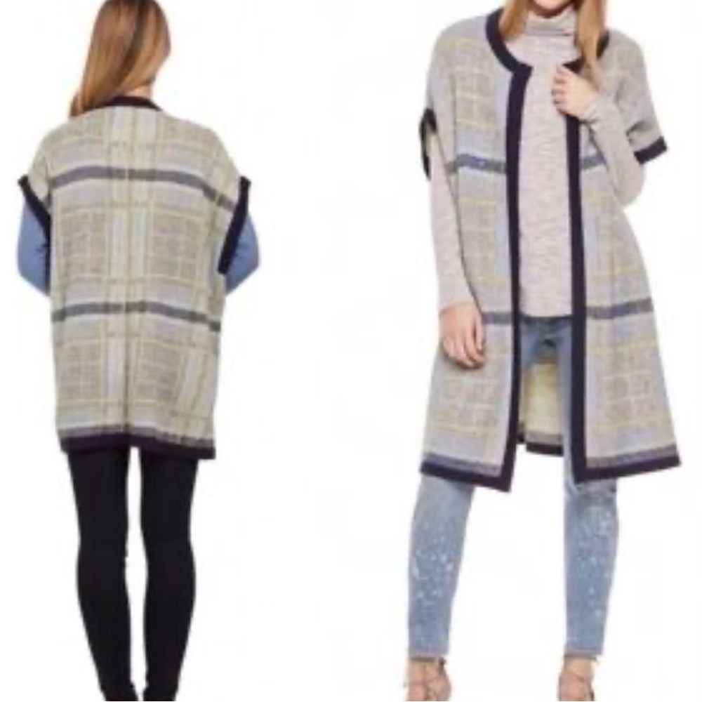 Two by Vince Camuto Nordic Blues Plaid Oversized Open Sweater Vest | NWT | L